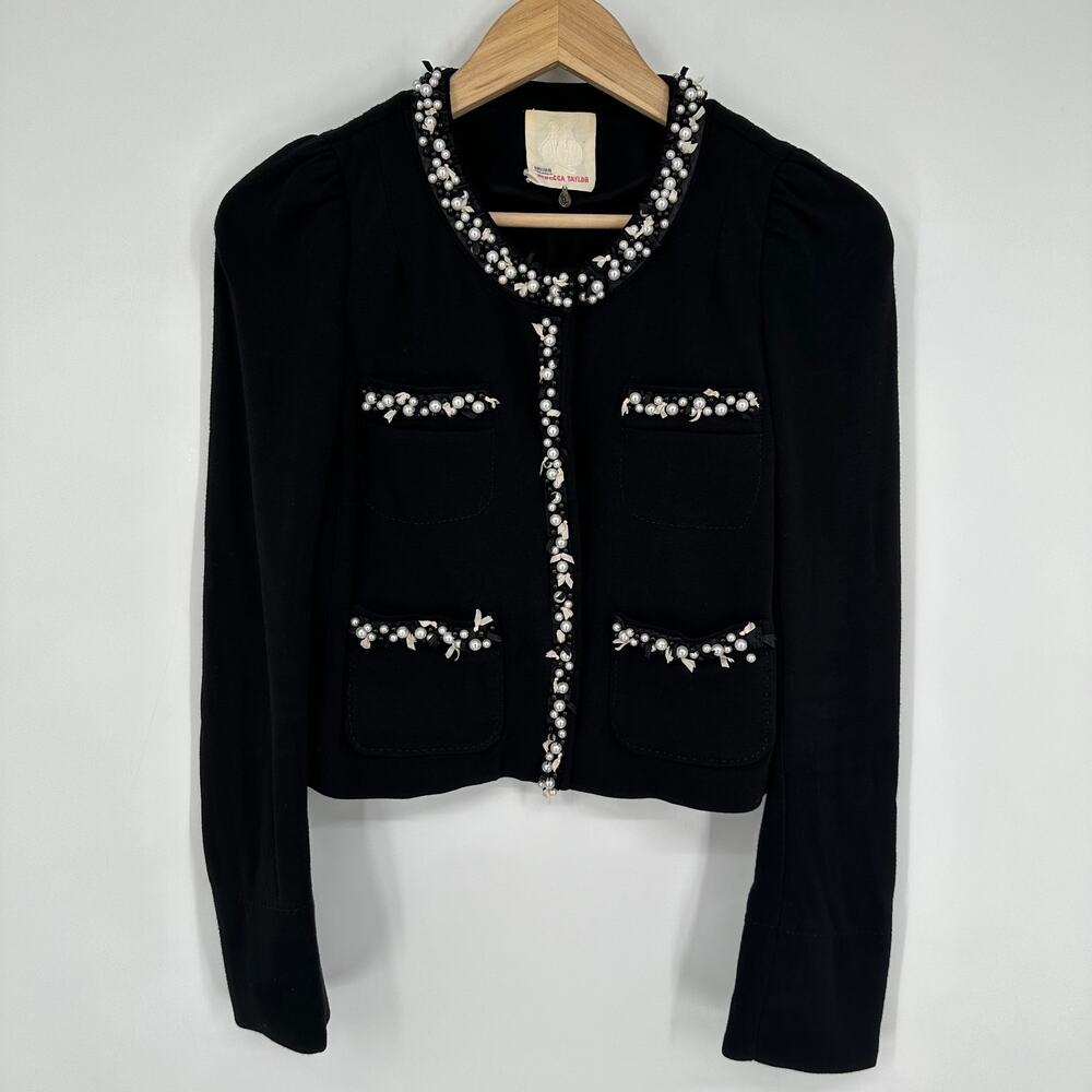 Rebecca Taylor Pearl Beaded Cropped Blazer Puff Sleeve 90's Y2K Jacket Black